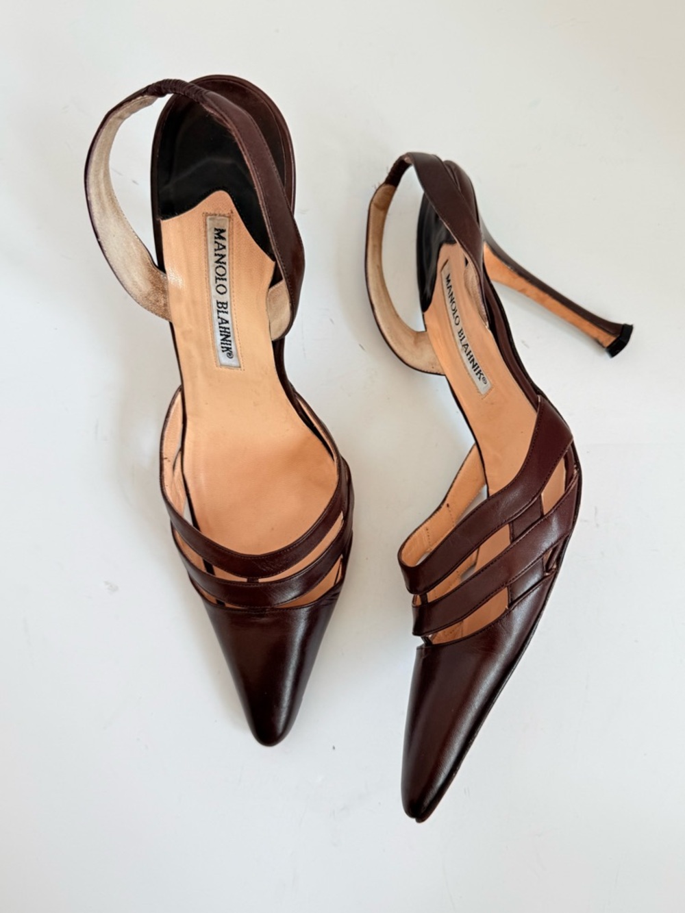 Manolo Blahnik Brown Nappa Leather Strappy Slingback pointed toe Heels EU 38.5